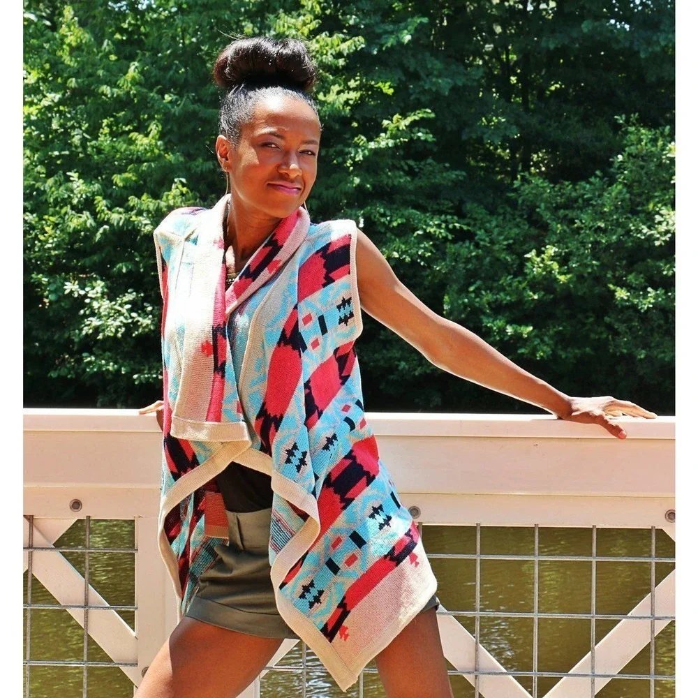 Anthropologie B sharp Aztec Tribal Draped Wrap Swing Cardigan Size ML Sleeveless